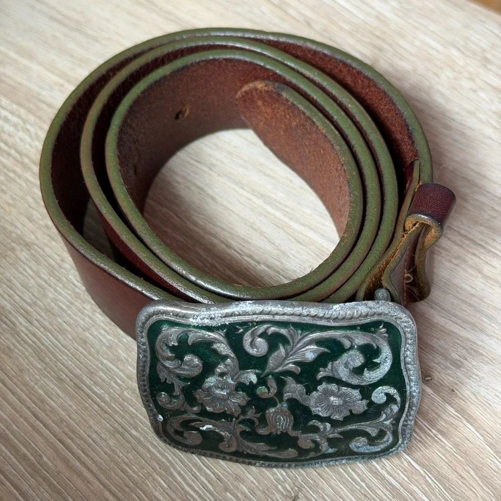 Vintage Women's Size M GAP Brown Leather Belt Floral Enamel Buckle Green Italy